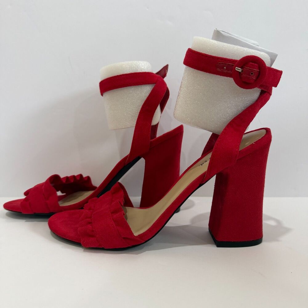 Indigo Rd Red Ruffled Ankle Strap Block Heel Sandals Macy's - Picture 3 of 6
